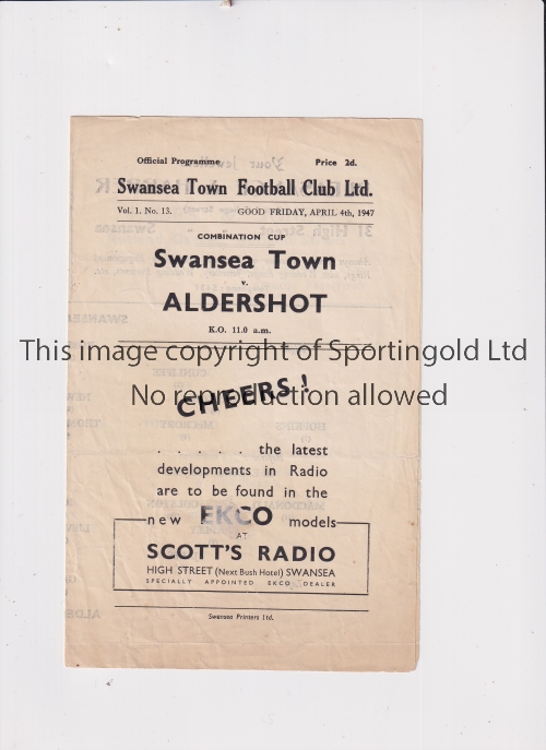 1947 SWANSEA RESERVES v ALDERSHOT RESERVES Programme for the game at Vetch Field with slight marks