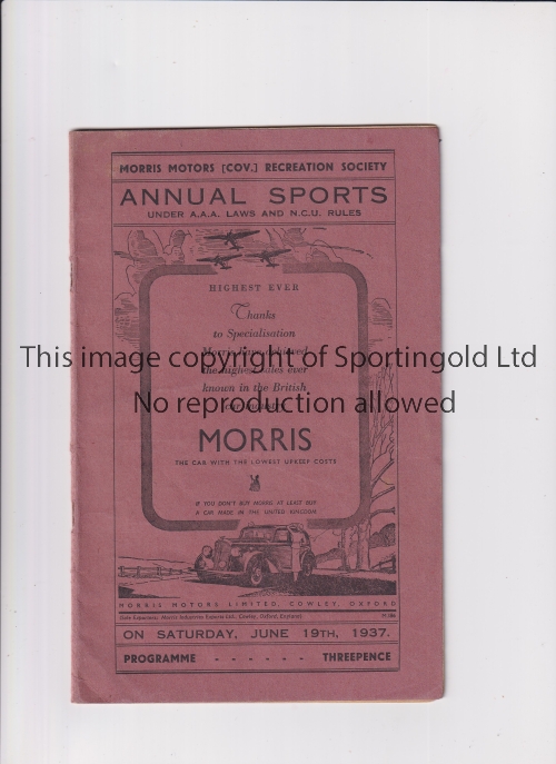 MORRIS MOTORS ANNUAL SPORTS DAY 1937 Twenty eight page programme for the meeting at Courthouse