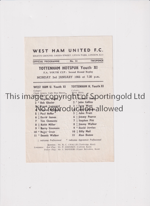 TOTTENHAM HOTSPUR Single sheet programme for the away Youth Cup tie v West Ham United 3/1/1966,