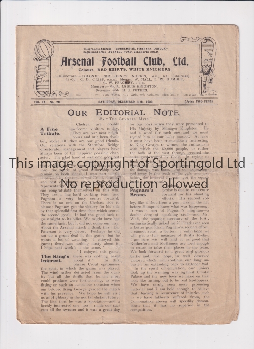 ARSENAL V CHELSEA 1920 Eight page fold-out programme for the League match at Arsenal 11/12/1920,