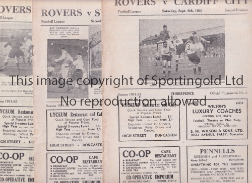 DONCASTER ROVERS Ten home programmes for season 1951/2 v Cardiff, Sheff. Utd., Hull score on