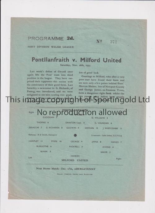 1955 PONTLLANFRAITH V MILFORD Large single sheet for the Welsh League game at Pontllanfaith dated