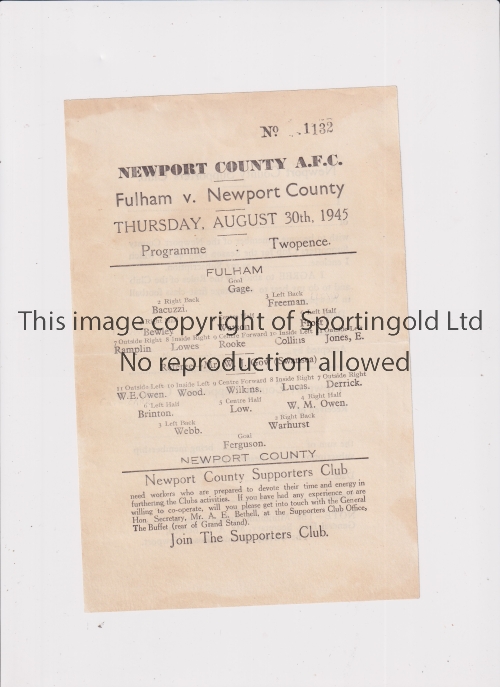 1945 NEWPORT COUNTY V FULHAM Scarce single sheet programme for the game at Somerton Park dated