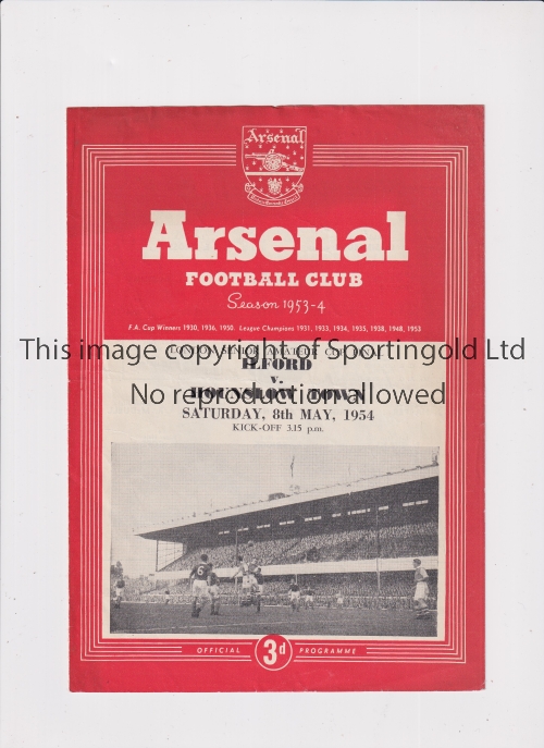 1954 LONDON SENIOR CUP FINAL AT ARSENAL Programme for Ilford v Hounslow Town 8/5/1954, score