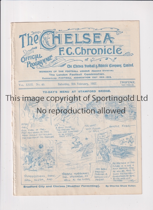 CHELSEA Programme for the home League match v Bradford City 5/2/1927, ex-binder. Generally good