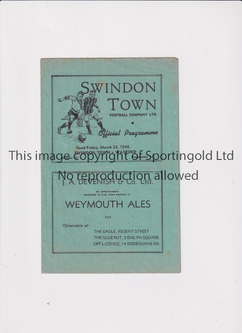 SWINDON TOWN Programme for the home League match v Watford 26/3/1948. Generally good