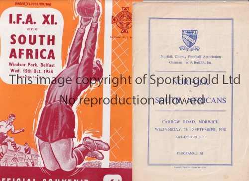 SOUTH AFRICAN FOOTBALL Two programmes on the 1958 Tour v Irish FA 15/10/1958 in Belfast and v