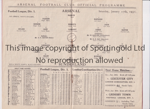 ARSENAL Programme for the home League match v Sunderland 17/1/1931, small nick at the top of the