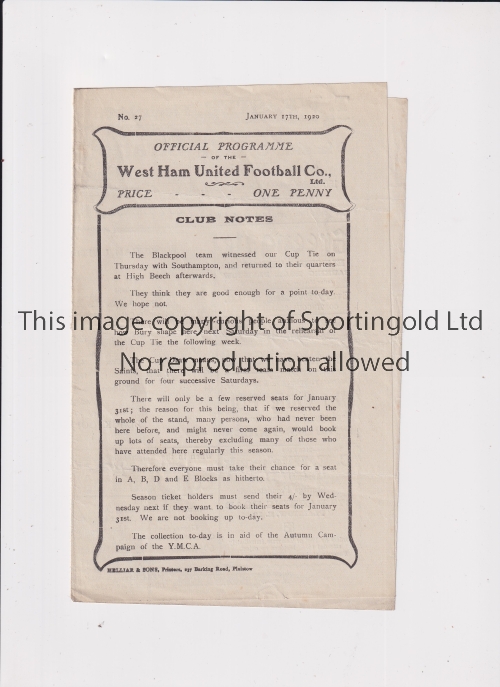 WEST HAM UNITED V BLACKPOOL 1920 Programme for the League match at West Ham 17/1/1920, very slightly