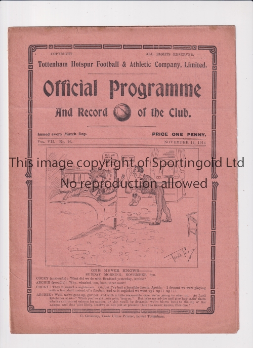 TOTTENHAM HOTSPUR Gatefold programme for the home South Eastern League match v QPR  14/11/1914.