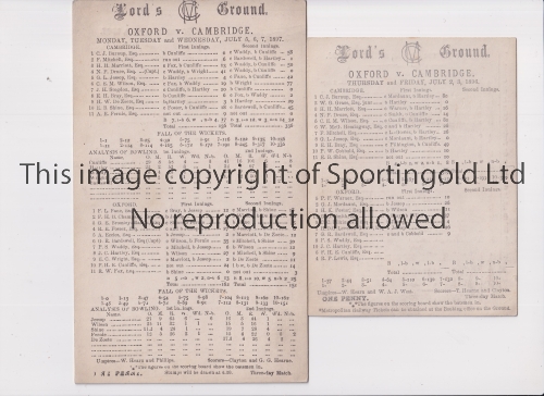 OXFORD V CAMBRIDGE CRICKET 1896 & 1897 Two scorecards for matches at Lord's, 1896 part printed