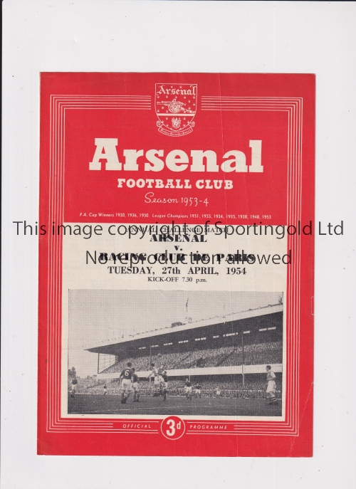 ARSENAL Programme for the home Friendly v Racing Club de Paris 27/4/1954. Good