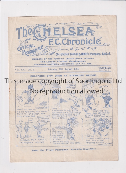 CHELSEA Programme for the home League match v Bradford City 29/8/1925, folded and staple removed.