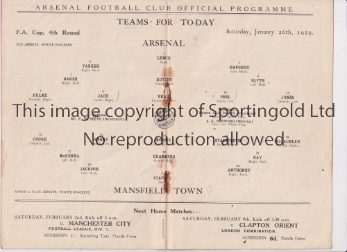 ARSENAL Programme for the home FA Cup match v Pre-League Mansfield Town 26/1/1929, rusty staples.