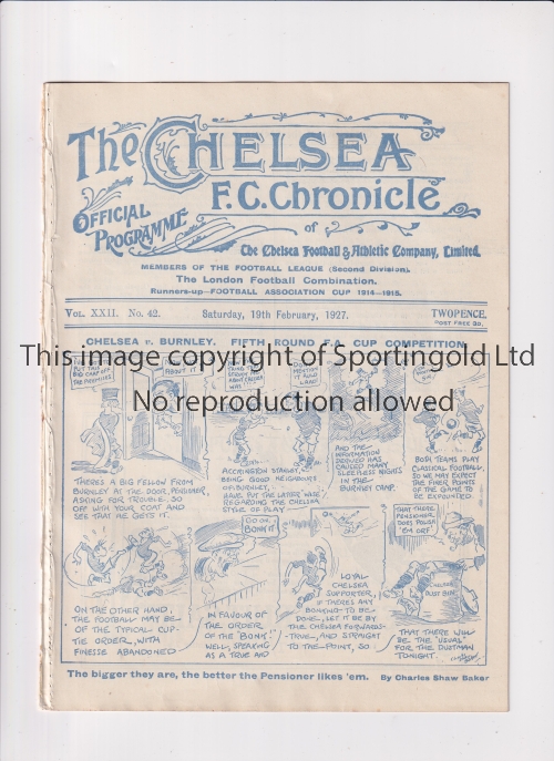 CHELSEA Programme for the home F.A. Cup match v Burnley 19/2/1927, ex-binder. Generally good