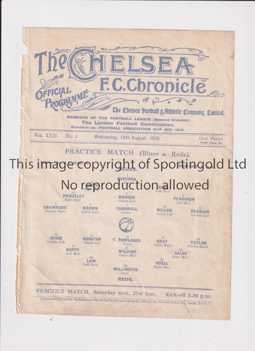 CHELSEA Single sheet programme for the Public Practice Match 18/8/1926, ex-binder. Generally good