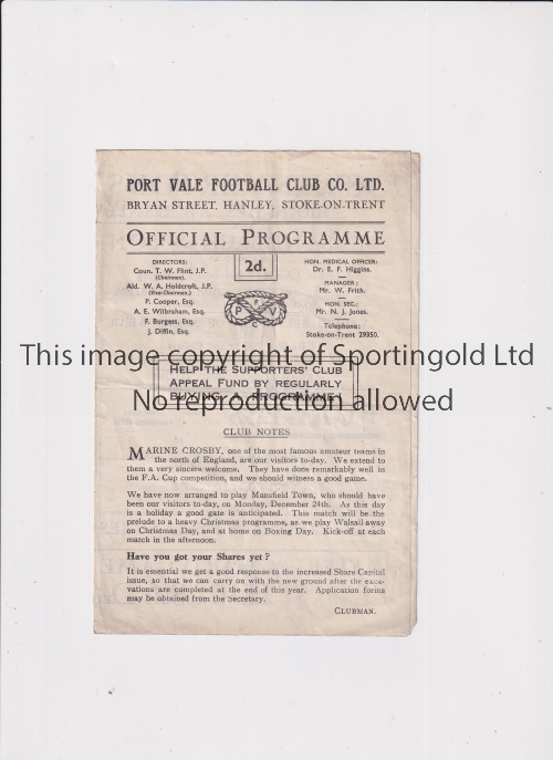 1945/6 FA CUP / PORT VALE V MARINE Programme for the match at Port Vale 8/12/1945, slightly creased.