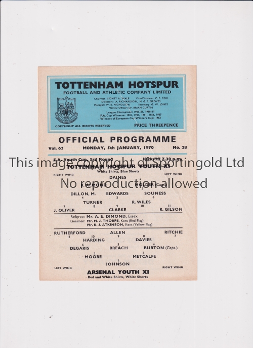 TOTTENHAM HOTSPUR Single sheet programme for the home Youth Cup tie v Arsenal 5/1/1970. Good