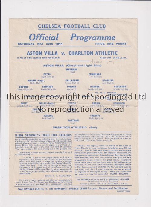 1944 WAR CUP FINAL AT CHELSEA Single sheet programme for Aston Villa v Charlton Athletic 20/5/