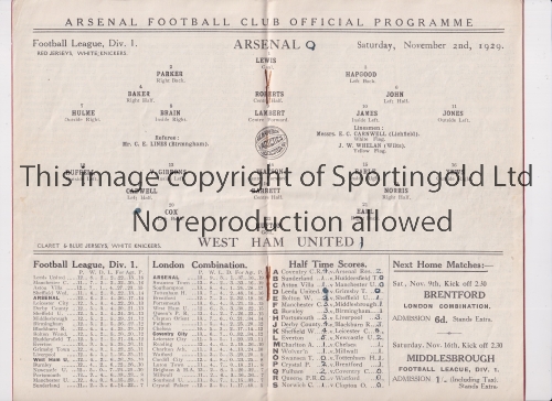 ARSENAL Programme for the home League match v West Ham United 2/11/1929, scores entered. Generally