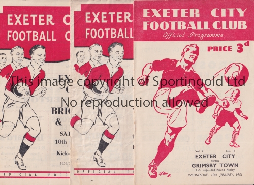 EXETER CITY Five home programmes 50/1 v Grimsby FA Cup, 53/4 Walsall creased, Brighton, 54/5 QPR