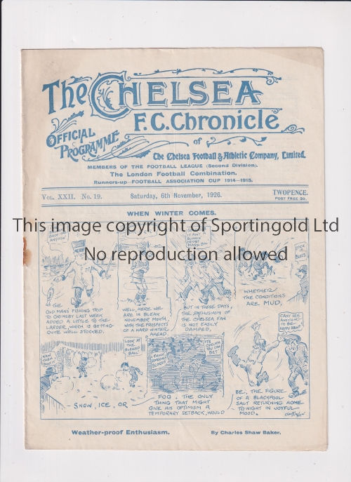 CHELSEA Programme for the home League match v Blackpool 6/11/1926, staple rusted away and very