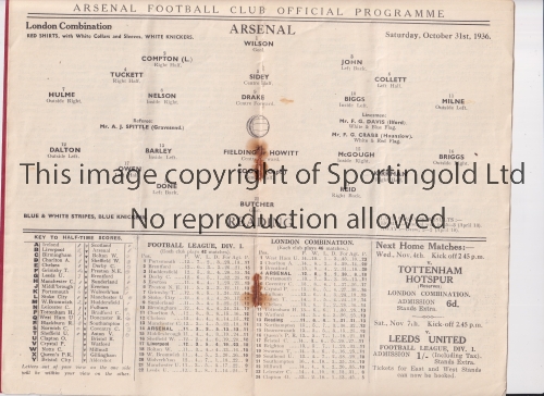 ARSENAL Programme for the home London Combination match v Reading 31/10/1936, staples rusted away,