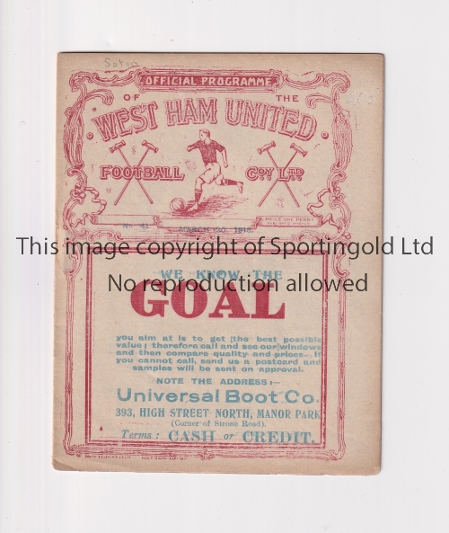 WEST HAM UNITED V SOUTHAMPTON 1915 Programme for the Southern League match at West Ham 20/3/1915.