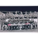 MAN UNITED Autographed 12 x 8 b/w photo of players posing with the FA Cup during a photo-shoot at