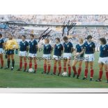 SCOTLAND Autographed 12 x 8 col photo of players lining up shoulder to shoulder prior to a 2-2