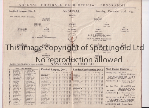 ARSENAL Programme for the home League match v Newcastle United 20/12/1930, slight horizontal crease.