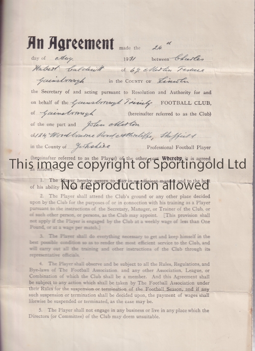 ORIGINAL FOOTBALL CONTRACT 1931 Contract for John Morton in 1931 at Gainsborough Trinity who in