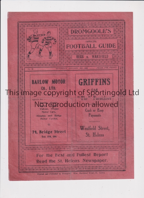 RUGBY LEAGUE / ST. HELENS RECS V WAKEFIELD 1928 Programme for the match at St. Helens 14/1/1928,