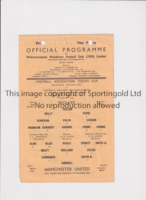 1958 FA YOUTH CUP SEMI-FINAL / WOLVES V MANCHESTER UNITED Single sheet programme for the 2nd Leg