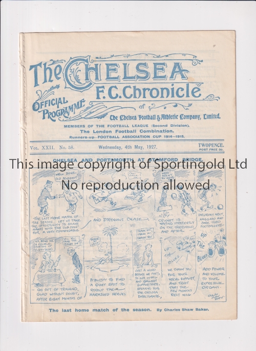 CHELSEA Programme for the home League match v Portsmouth 4/5/1927, ex-binder and minor tear.