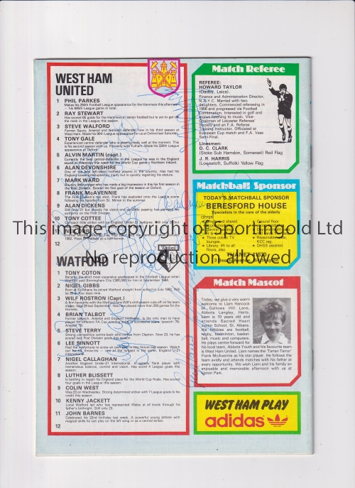 WEST HAM UNITED AUTOGRAPHS 1985 Home programme v Watford 16/11/1985 signed by 13 West Ham players.