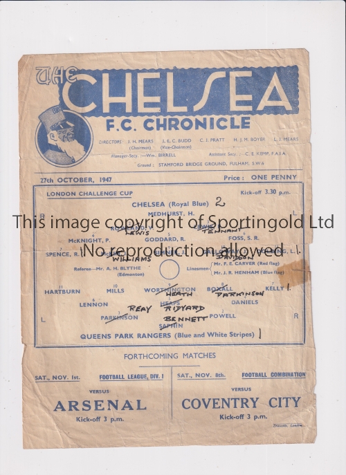 1947 CHELSEA V QUEENS PARK RANGERS A large single sheet for the London Challenge Cup game at