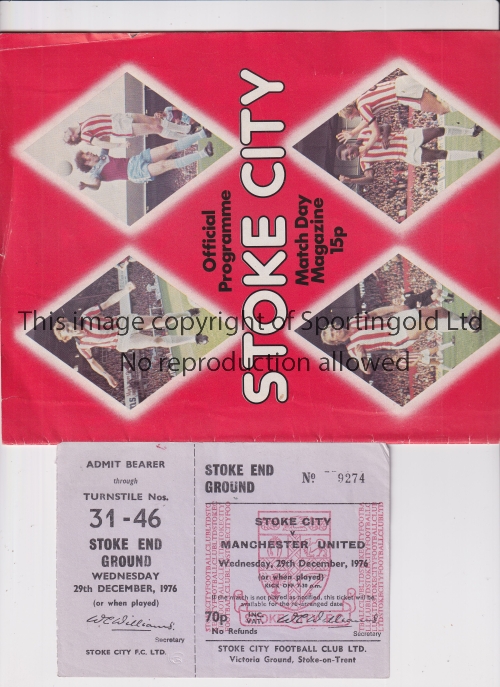 MANCHESTER UNITED Programme and unused ticket for the scheduled away League match v Stoke City 29/