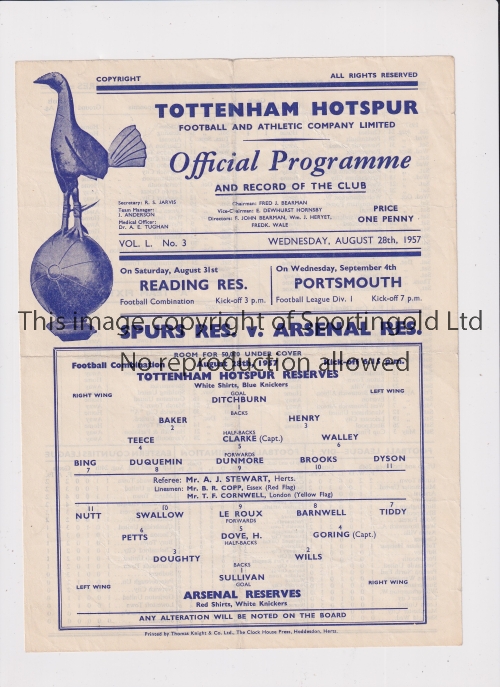 ARSENAL Single sheet programme for the away Combination match v Tottenham Hotspur 28/8/1957, folded.