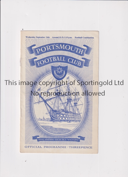 ARSENAL Programme for the away Football Combination match v Portsmouth 24/9/1952, very slightly