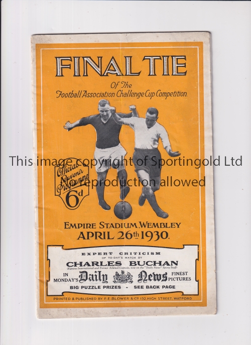 1930 FA CUP FINAL Programme for Arsenal v Huddersfield Town, very slight vertical crease. No