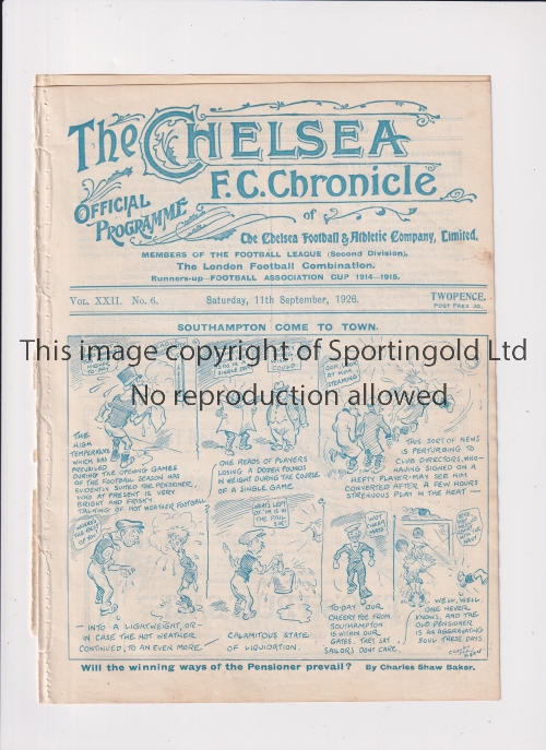 CHELSEA Programme for the home League match v Southampton 11/9/1926, ex-binder and split spine.