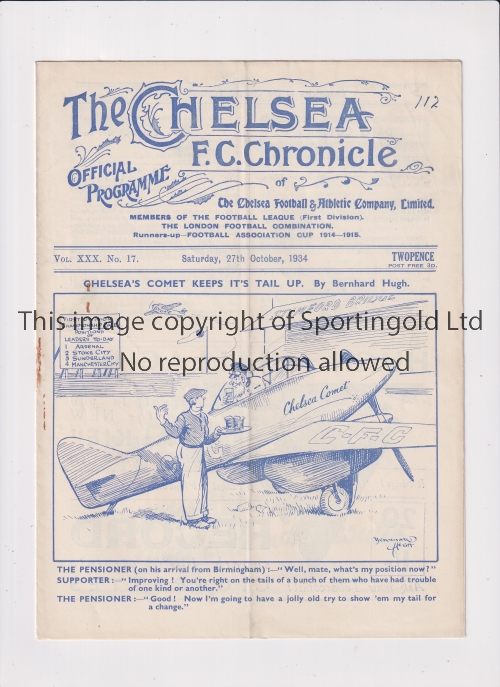 CHELSEA Programme for the home League match v Stoke City 27/10/1934, staple rusted away and very