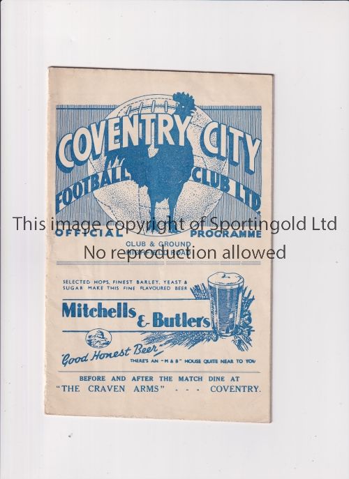 COVENTRY CITY V NEWCASTLE UNITED 1938 Programme for the League match at Coventry 1/10/1938. Good