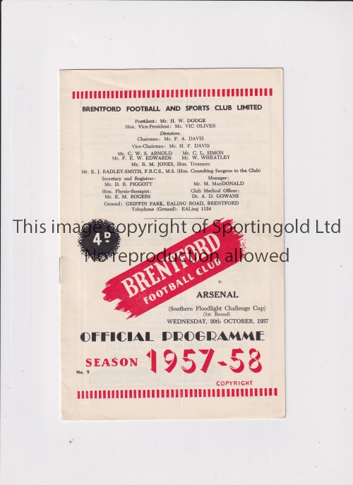 ARSENAL Programme for the away Southern Floodlight Cup tie v Brentford 30/10/1957. Good