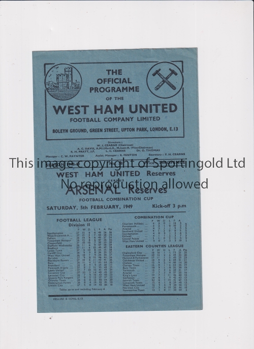 WEST HAM UNITED V ARSENAL 1949 Programme for the Combination Cup tie at West Ham 5/2/1949, very