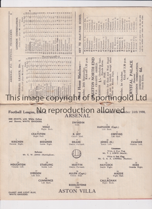 ARSENAL Home programme for the League match v Aston Villa 24/9/1938, very slight horizontal