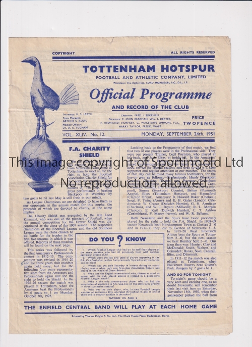 1951 CHARITY SHIELD Programme for Tottenham Hotspur at home v Newcastle United 24/9/1951, horizontal