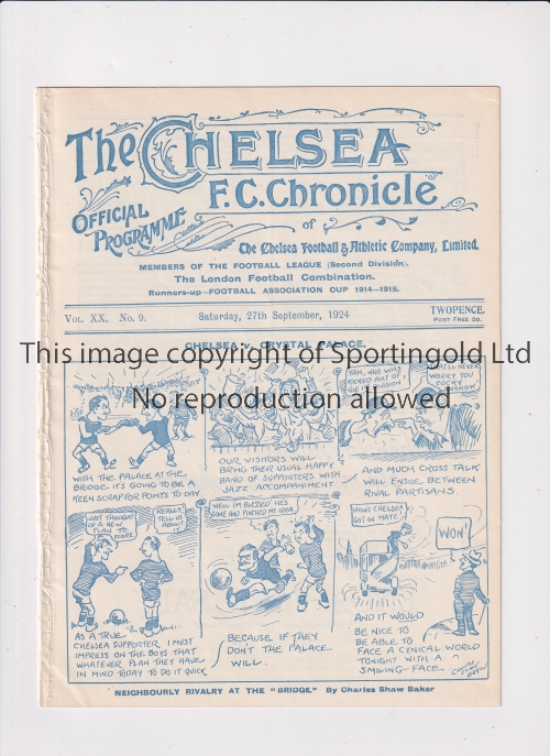 CHELSEA Programme for the home League match v Crystal Palace 27/9/1924, ex-binder. Generally good