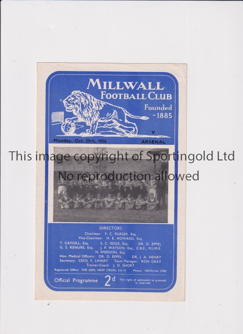 ARSENAL Programme for the away London Challenge Cup Semi-Final v Millwall 29/10/1956. Very good